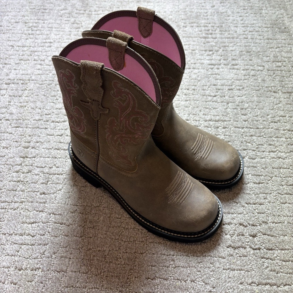 Ariat Fatbaby Boots Women 8.5B Saddle Brown Leather Pink Western Riding Boots